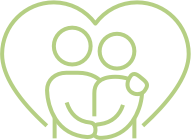 Green outline drawing of two people in an embrace inside a heart shape, representing memory care.