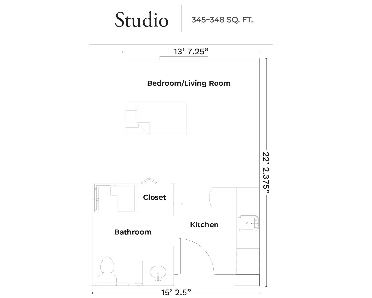 Studio unit floor plan with kitchen, bathroom, closet, and combined bedroom/living room.
