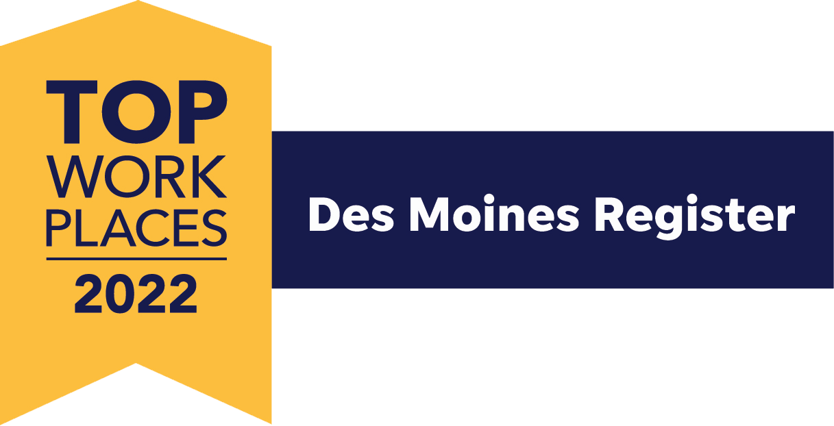Top Workplaces 2022 award from Des Moines Register, displaying a yellow and blue design.
