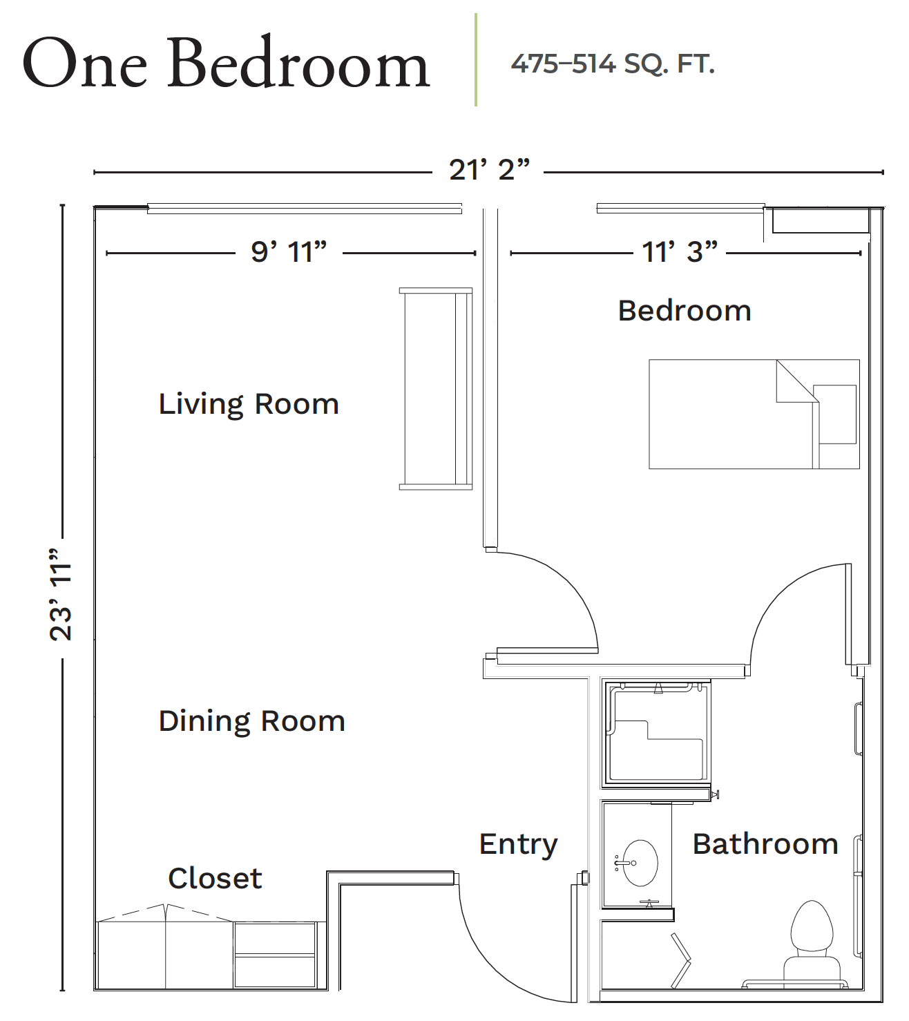 Floor plan of one-bedroom senior living unit showing living room, dining room, bedroom, and bathroom.