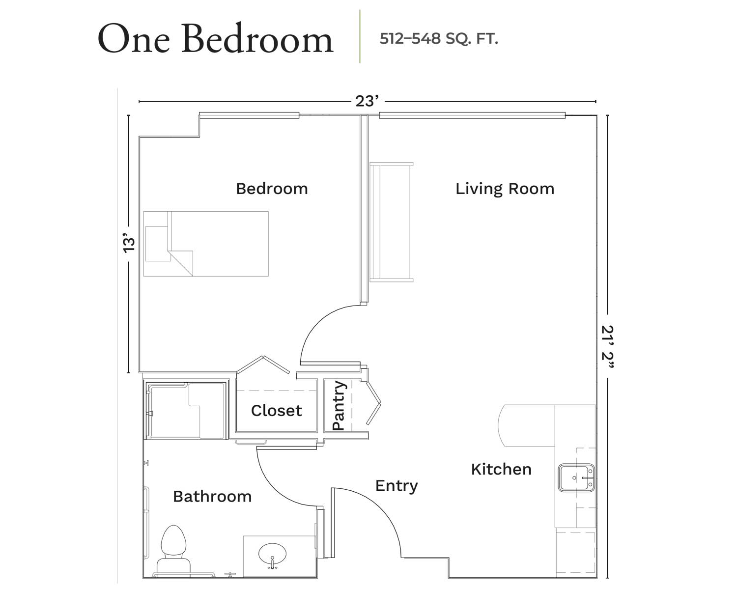 One-bedroom unit floor plan with measurements, living room, kitchen, bathroom, and closet.