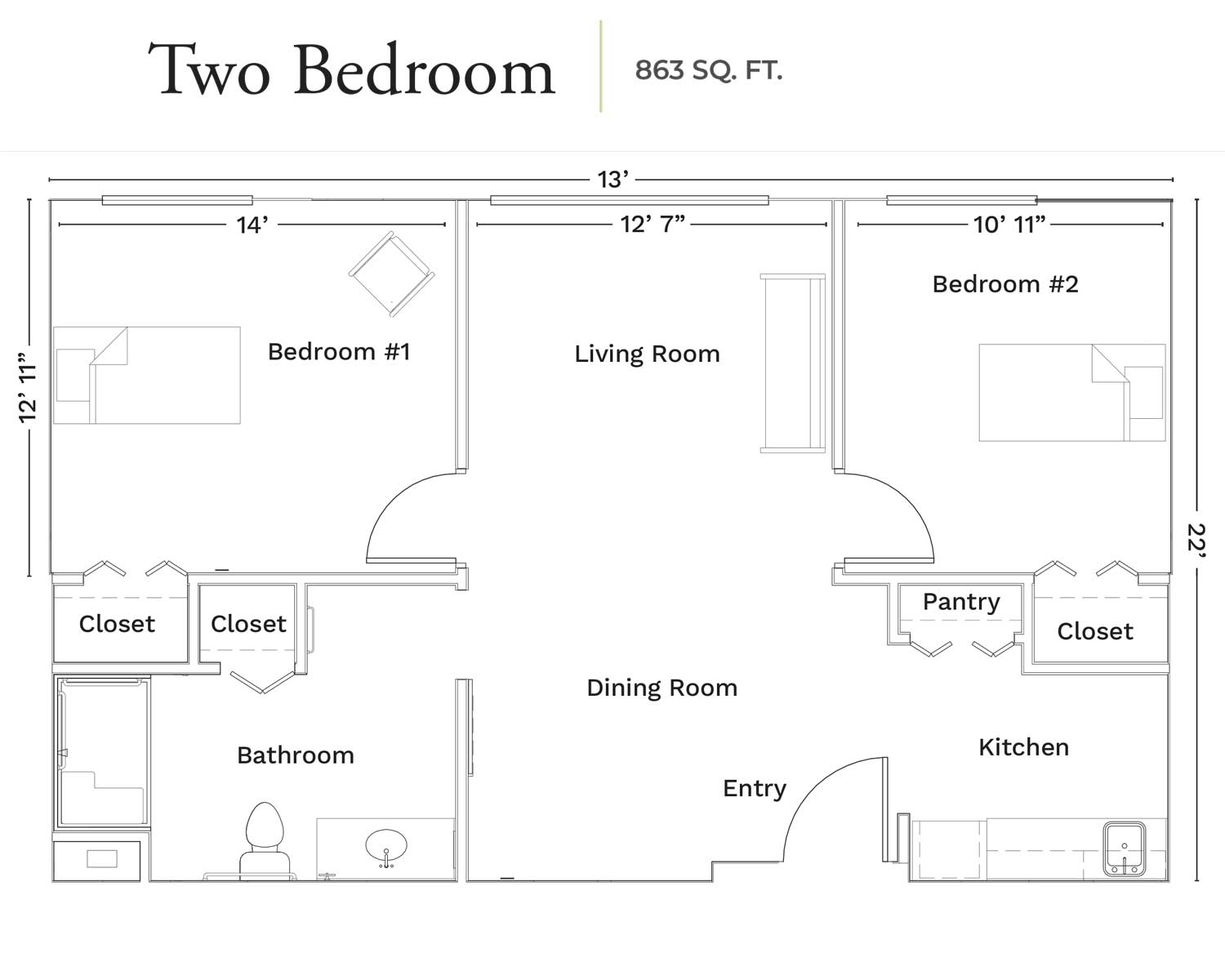 Two-bedroom unit floor plan with living room, dining room, kitchen, pantry, bathroom, and closets.